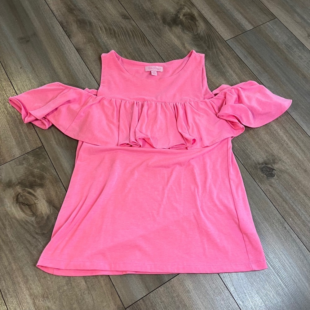 Lilly Pulitzer Womens XS Pink Cold Shoulder‎ Ruffle Flounce Shirt Bin M-45